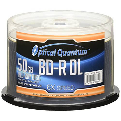 Optical Quantum 6X 50GB BD-R DL White 잉크젯 작성가능 Blu-ray 이중 레이어 기록가능 미디어, 50-Disc Spindle
