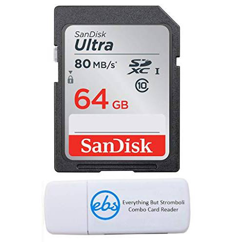 SanDisk 64GB SDXC SD 울트라 메모리 카드 Works with Nikon D3500, D7500, D5600, D5200 디지털 카메라 Class 10 (SDSDUNR-064G-GN6IN) 번들,묶음 with (1) Everything But Stromboli Combo 카드 리더,리더기