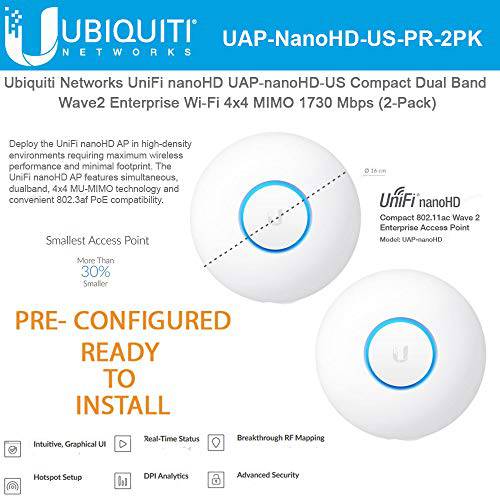 UniFi nanoHD UAP-nanoHD-US PRE-CONFIGURED 소형, 콤팩트 듀얼밴드 Wave2 Enterprise 와이파이 4x4 MIMO 1730 Mbps (2Pack)