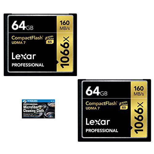 Lexar 64GB 프로페셔널 1066x 소형, 콤팩트 Flash 메모리 카드 (LCF64GCRBNA1066) 2-Pack 묶음+ TheImagingWorld 극세사 Cloth