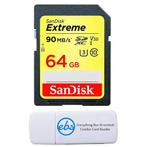SanDisk 64GB SDXC SD Extreme 메모리 카드 Works with 캐논 EOS 77D, 80D, 70D, 6D, 60D 디지털 DSLR 카메라 4K V30 U3 (SDSDXVE-064G-GNCIN) 번들,묶음 with (1) Everything But Stromboli Combo 카드 리더,리더기
