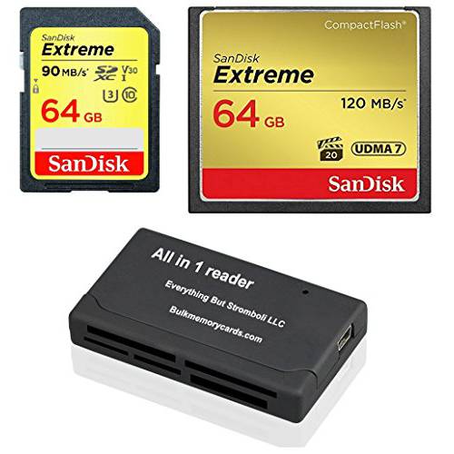 SanDisk CompactFlash Extreme 64GB CF 메모리 카드 (SDCFXSB-064G-G46) and 64GB SDHC Extreme (SDSDXVE-064G-GNCIN) for 캐논 5D Mark III, 1D Mark IV 카메라 번들,묶음 with Everything But Stromboli 리더,리더기