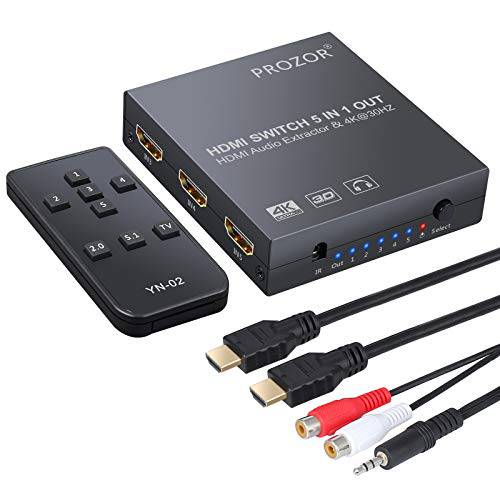 Proster 5x1 HDMI Switch with 오디오 압출 4K 3D HDMI 오디오 컨버터 with IR 원격 HDMI to HDMI+  광학 Toslink (5.1CH Mode) or 스테레오 Output with 3 Feet HDMI 케이블 and 3.5mm Male to 2 RCA