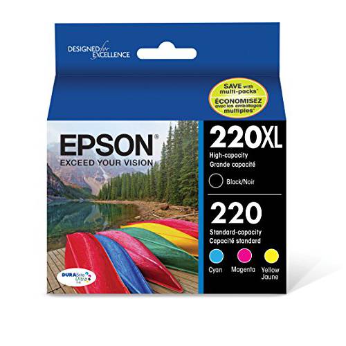 Epson T220XL-BCS 카트리지 잉크, 4 팩, 블랙, Cyan, Magenta, Yellow