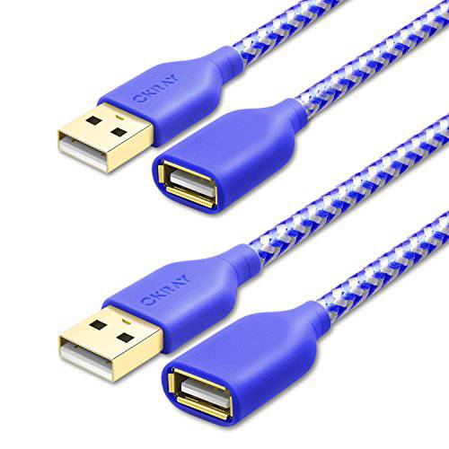 USB 연장 케이블 6 Ft, OKRAY 2 Pack 듀러블 Nylon Braided A Male to A Female USB 2.0 연장 케이블 with Gold-Plated 커넥터 for Keyboard, Mouse, Printer, 게임 컨트롤러 and More (블루Blue)