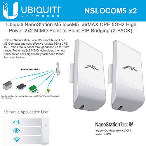 NanoStation M5 locoM5 Indoor/ 아웃도어 airMAX CPE 5GHz High-Power 2x2 MIMO Point to Point PtP Bridging (2-Pack)