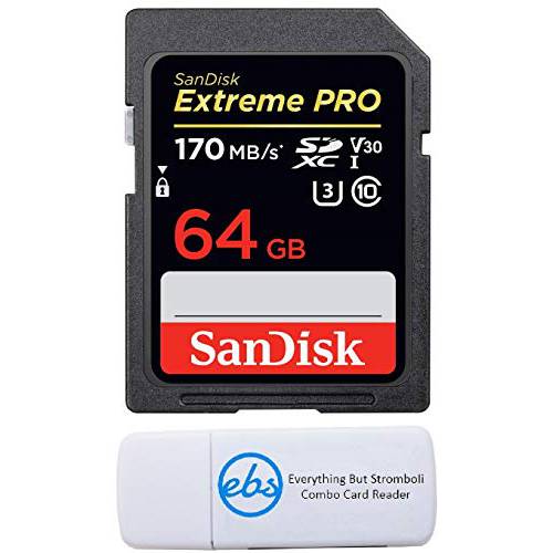 SanDisk 64GB SDXC SD Extreme 프로 메모리 카드 Works with 후지필름 X-T30, X-A3, X-프로1 미러리스 카메라 Class 10 4K (SDSDXXY-064G-GN4IN) 번들,묶음 with (1) Everything But Stromboli 멀티 Slot 카드 리더,리더기