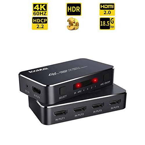 4K HDR HDMI 스위치 Koopman 4 포트 4K 60Hz HDMI 2.0 변환기 셀렉터 IR 무선 리모컨 지원 UltraHD Dolby Vision 고효율 SpeedMax to 18.5Gbps HDR10 HDCP 2.2 & 3D with