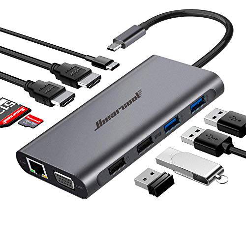 Hiearcool USB C 허브 USB-C 노트북 도킹 스테이션 11 in 1 트리플 디스플레이 타입 C 어댑터 호환가능 맥북 and Windows2HDMI VGA PD3.0 SD TF 카드 리더,리더기 기가비트 랜포트 4USB 포트 for