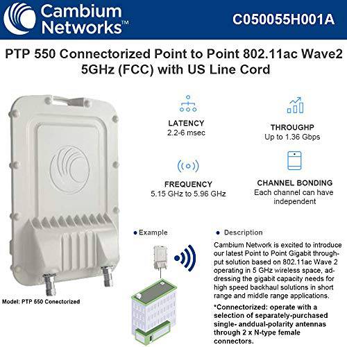 Cambium Networks - C050055H001A - PTP550 5GHz Connectorized End with AC 파워 Supply, 마운팅 브라켓 and US Line 케이블 (FCC)