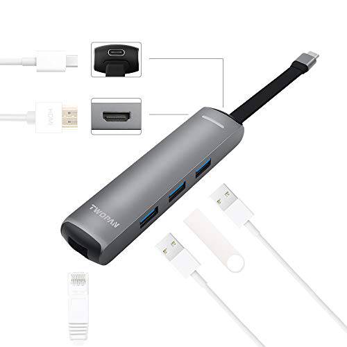 TWOPAN USB C 허브 6-in-1 USB C 변환기 with 랜포트 Port, USB PD 충전 Port, 4K USB C to HDMI, 3-Port USB 3.0 Port and 스마트 모양뚜껑디자인 for 커넥터 wire, For New MacBook/ 영상 Game, Chromebook, XPS, Tr