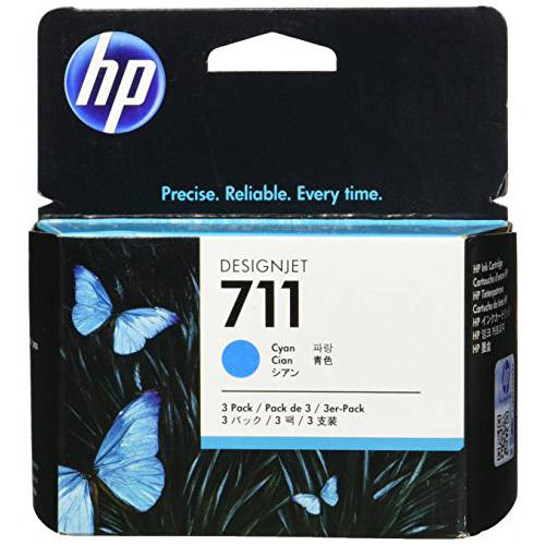 HP 711 청록, 시안색 29-ml 3-Pack 정품 잉크 Cartridges (CZ134A) for DesignJet T530, T525, T520, T130, T125, T120& T100 라지 Format Plotter 프린터