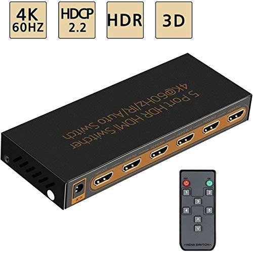 4K@60Hz HDMI 분배기 5x1 Awakelion 고급 5 in 1 Out 4K HDMI Switch IR 리모컨 지원 Auto-Switch HDCP 2.2 UHD HDR Full HD 3D 1080P with