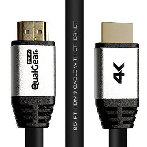 QualGear 고속 롱 HDMI 2.0 케이블 with 랜포트 (25 피트) - 100% OFC Copper, 26 Awg, 24K 금도금 Contacts, CL3 Rated, Triple-Shielded. support 4K UHD, 3D, 18 Gbps, ARC (QG-CBL-HD20-25FT)