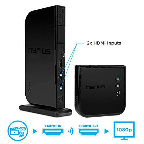 Nyrius Aries Home+ 무선 HDMI 2X Input 송신기&  리시버 for 스트리밍 HD 1080p 3D 영상 and 디지털 오디오 from 케이블 Box, Satellite, Bluray, DVD, PS4, PS3, Laptops, PC (NAVS502)