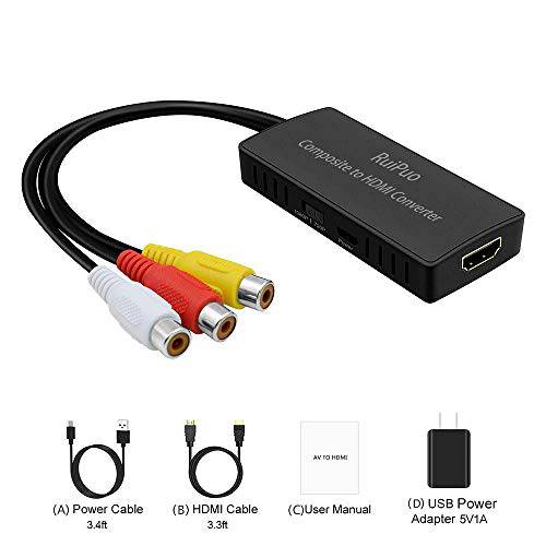 AV to HDMI Converter, 컴포지트, Composite to HDMI 변환기 지원 1080P 호환가능한 with WII, PS 1, PS2, PS3, STB, VHS, VCR DVD Players, TV and Projector, AV to HDMI 케이블
