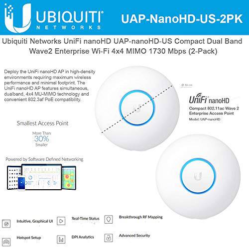 UniFi nanoHD UAP-nanoHD-US 소형, 콤팩트 듀얼밴드 Wave2 Enterprise 와이파이 4x4 MIMO 1730 Mbps (2Pack)