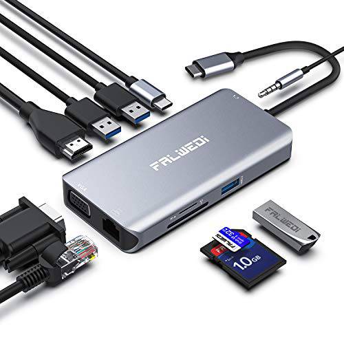 USB C 허브 타입 C 어댑터 FALWEDI 10-in-1 동글 랜포트 4K@30Hz HDMI VGA 3 USB3.0 SD TF 카드 리더,리더기 마이크 오디오 USB-C PD 3.0 호환 맥북 Air 프로 and Other Type C 노트북 with for