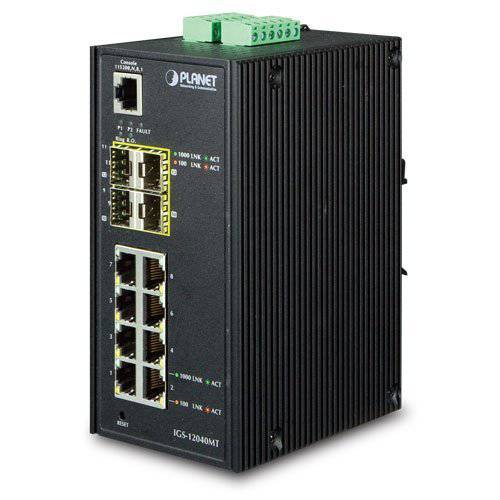 PLANET TECHNOLOGY IGS-12040MT 산업용 8-Port 10/ 100/ 1000T+ 4-Port 100/ 1000X SFP Managed Switch (-40~75°C)