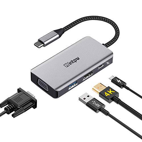 INTPW USB C Hub, USB 3.1 Type-C to HDMI변환기 with 4K HDMI, 1080P VGA, USB 3.0, PD Pass-Through Charging, 이중 스크린 디스플레이 for 맥 프로 and Other 노트북 with 썬더볼트 3 Port 공간 Grey