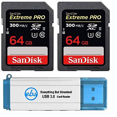SanDisk 64GB SDXC SD Extreme 프로 UHS-II 메모리 카드 (Two Pack) 300MB/ s 4K V30 U3 (SDSDXPK-064G-ANCIN) 번들,묶음 with (1) Everything But Stromboli 3.0 카드 리더,리더기