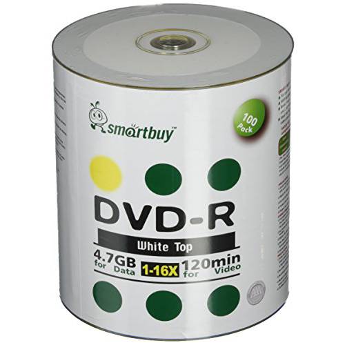 Smart Buy 100 Pack DVD-R 4.7gb 16x White Top (Non-Printable) 여분 Data 영상 무비 LP레코드 Disc, 100 Disc 100pk