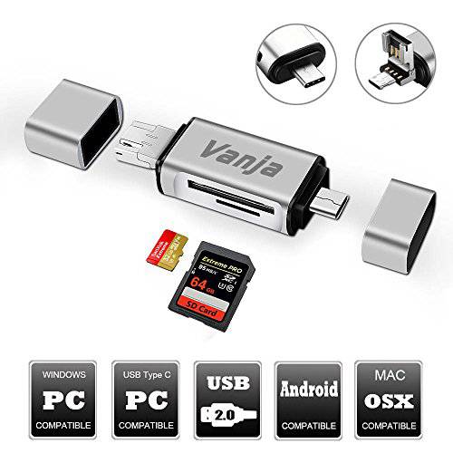 Vanja SD카드 리더,리더기 USB Type C 미니 USB OTG Adapter, USB 2.0 휴대용 메모리 카드 리더,리더기 for SDXC, SDHC, SD, MMC, RS-MMC, 미니 SDXC, 미니 SD, 미니 SDHC 카드