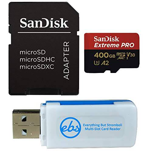 SanDisk 400GB 미니 SDXC Extreme 프로 메모리 카드 Works with 고프로 히어로 7 Black, Silver, Hero7 White UHS-I A2 (SDSQXCZ-400G-GN6MA) 번들,묶음 with (1) Everything But Stromboli Multi-Slot 카드 리더,리더기