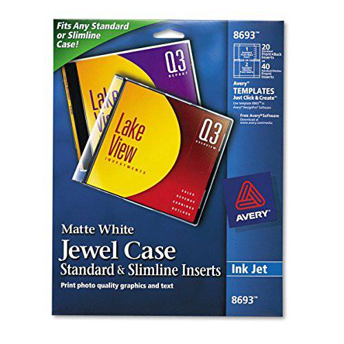 Avery CD/ DVD Jewel 케이스 깔창 for 잉크 제트 Printers, White, Pack of 20 (8693)