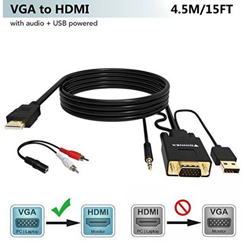 VGA to HDMI 어댑터 케이블 15FT 4.5M Old PC to New TV 모니터 HDMI FOINNEX VGA to HDMI 컨버터 케이블 오디오 Connecting 노트북 VGAD-Sub HD 15-pin to New 모니터 HDTV.Male to Male with with for with