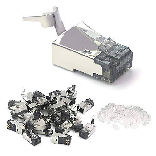 VCE 25 PCS Nickel Plated Shielded RJ45 Modular Plug for Cat6/ Cat6A/ Cat7 케이블 STP 솔리드 and Stranded 랜포트 유선 - 50u Gold-Plated