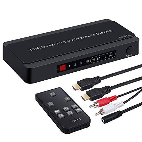 LiNKFOR 4K HDMI Switch 3 인 1 Out 3 Ports HDMI Switch HDMI 오디오 압출 with IR 원격 지원 HDMI to Toslink SPDIF 동축, Coaxial,COAX RCA 오디오 Out 지원 3D PIP 4K 30hz for TV 박스 애플 TV DVD PS4 PS3