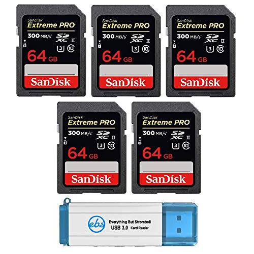 SanDisk 64GB SDXC SD Extreme 프로 UHS-II 메모리 카드 (Five Pack) 300MB/ s 4K V30 U3 (SDSDXPK-064G-ANCIN) 번들,묶음 with (1) Everything But Stromboli 3.0 SD and 미니 카드 리더,리더기