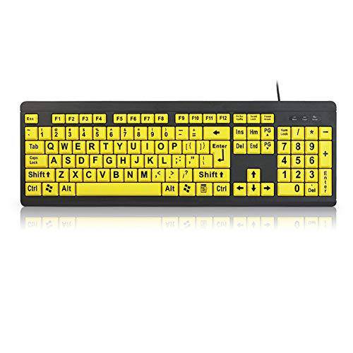 BOOGIIO 라지 프린트 컴퓨터 키보드, 유선 USB 고 대비 키보드 with Oversized 프린트 각인 for Visually 감퇴 작은 비전 Individuals (Yellow+ Black)