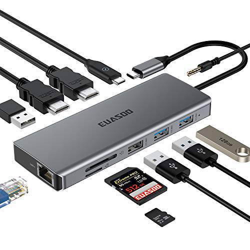USB C 허브 EUASOO 11 in 1 USB C 도킹 스테이션 트리플 디스플레이 USB C 변환기 2 HDMI 4K 기가비트 랜포트 PD 3.0 4 USB 포트 호환 맥북 USB C 노트북 맥OS Only 지원 미러 모드 with for