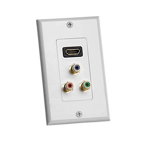 Cmple - HDMI with 3RCA Jack 컴포넌트 Combo 벽면 Plate 금도금 HDMI 3RCA 벽면 Plate 영상 오디오 Outlet Panel, White