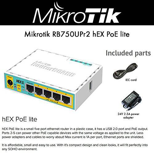 Mikrotik RouterBoard RB750UPr2 육각 PoE 라이트 is a 스몰 5 포트 라우터, 1 USB 2.0 포트 and PoE 출력. 포트 2-5 can 파워 Other PoE 유능한 디바이스 The Same 전압 as Applied to The 유닛