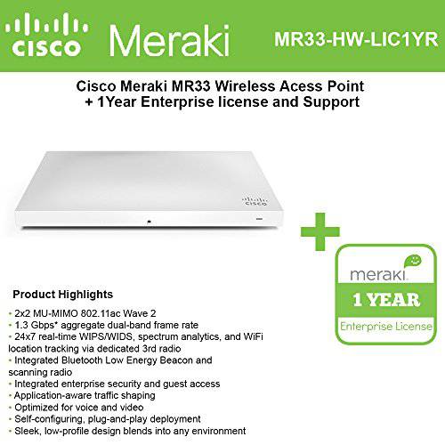 Cisco Meraki MR33 클라우드 Managed Wless Ap+ 1 year of Enterprise Lic. and 지원