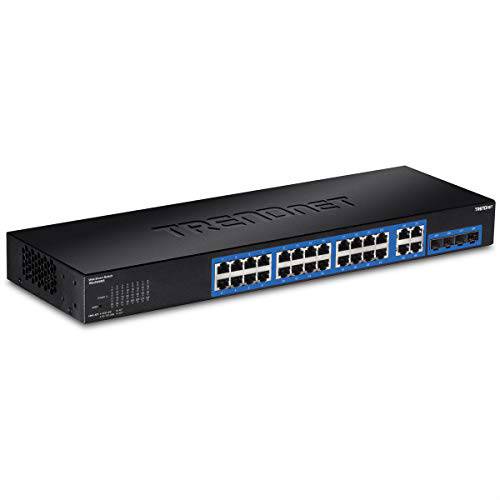 TRENDnet 28-Port 기가비트 웹 스마트 Switch, 24 x 기가비트 Ports, 4 x Shared 기가비트 Ports (RJ-45/ SFP), VLAN, QoS, LACP, IPv6, 56Gbps 변환 Capacity,, TEG-284WS, 블랙