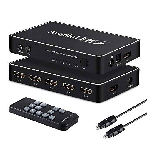 4K HDMI Switch 6x1 오디오 Extractor, avedio l인ks 6 Port HDMI분배기, 모니터분배기 박스 with Remote, HDMI 멀티 Port Switch 6 인 1 Out with 옵티컬,옵티컬, Optical 토스링크& 3.5mm 오디오 (Optical 케이블 Included) (Black)