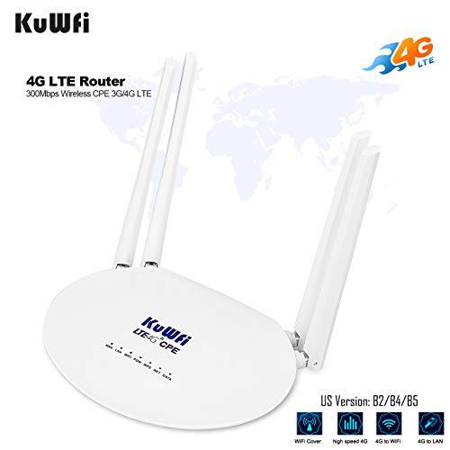 KuWFi 4G LTE SIM 라우터,공유기 무선 와이파이 Internet 300Mbps 언락 with 4pcs Non-Detachable 안테나 휴대용 와이파이 핫스팟 for B2/ B4/ B5/ B12/ B13/ B17/ B18/ B25/ B26[Not for Verizon]