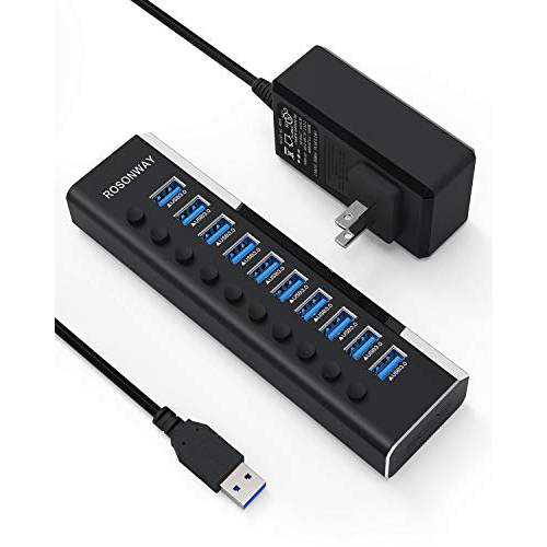 전원 USB 허브 3.0, Rosonway 알루미늄 10 Port USB 3.0 Data 허브 with 36W (12V/ 3A) 파워 변환기 and 개별 On/ 오프 Switches USB Splitter(RSW-A10)