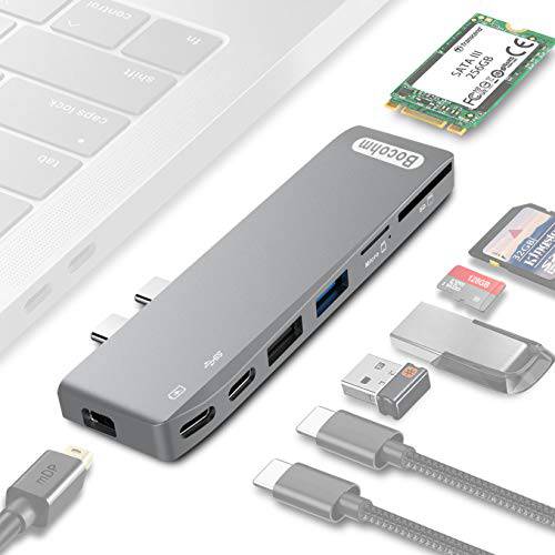 USB C 허브 for 맥북 프로 2016/ 2017/ 2018, Bocohm Type C 썬더볼트 3 변환기 with 100W 파워 Delivery, 5K HD 미니DisplayPort, 미니 DP, USB3.0, SD/ 마이크로SD 카드 Reader, NGFF M.2 SATA III SSD 8 인 1
