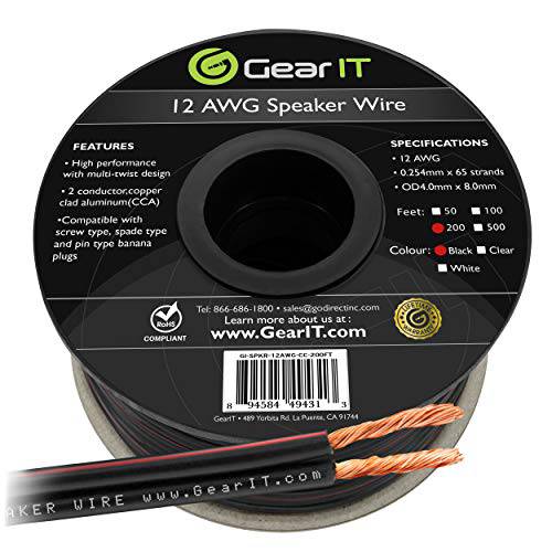 12AWG 스피커 와이어, GearIT 프로 Series 12 Gauge 스피커 와이어 케이블 (200 피트/ 60.96 Meters) Great 사용 가정용 시어터 스피커 and 차량용 Speakers, 블랙