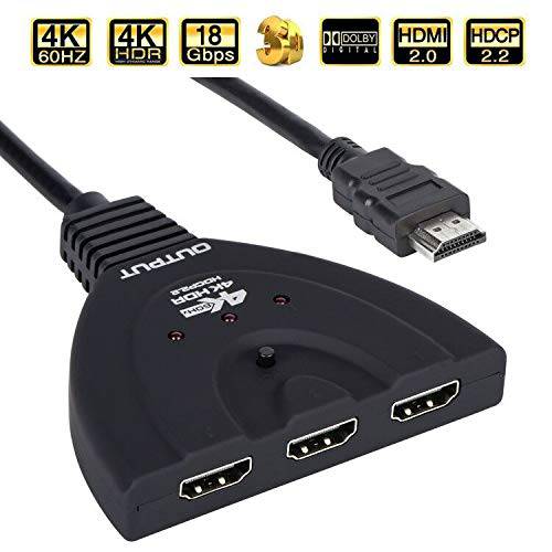 4K@60Hz HDMI Switch, HDMI Switch 3 인 1 Out, 3-Port HDMI분배기, 모니터분배기 support 4K@60Hz, 3D, HDCP2.2 HDMI2.0 HDR for 애플 TV 4K, TV Stick, HDTV, PS4, 게임 Consoles, PC and More