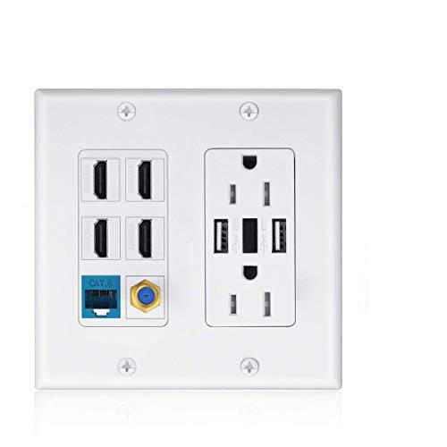 USB Outlet 벽면plate, 15A 2 파워 with 이중 3.6A USB 충전 Port 벽면 Plate with LED Lighting, 4 HDMI HDTV+ 1 CAT6 RJ45 이더넷+  동축, Coaxial, 동축 케이블 TV F Type Keystone 얼굴,페이스 Plate White