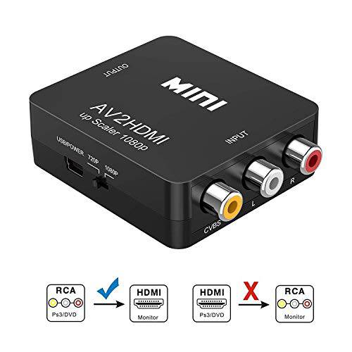 DigitCont 미니 RCA 컴포지트, Composite CVBS AV to HDMI 영상 오디오 컨버터 변환기 지지 PAL/ NTSC 1080P/ 720P with USB 충전 케이블