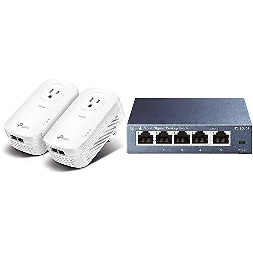 TP-Link AV2000 파워라인 어댑터 - 기가비트 Port, 랜포트 Over Power, Plug& Play, 파워 Saving, MU-MIMO, Noise Filtering(TL-PA9020P 키트)& 5 Port 기가비트 랜포트 네트워크 Switch (TL-SG105)
