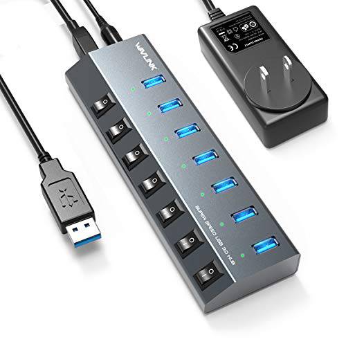 Wavlink 알루미늄 7 Ports BC 1.2 충전 USB 3.0 Hub, 충전 Up to 5V/ 2.4A, 개별 LED 파워 Switches with 48W 파워 변환기 for MacBook, iPad, PS4, 서피스 Pro, Mobile, Laptop, HDD and More