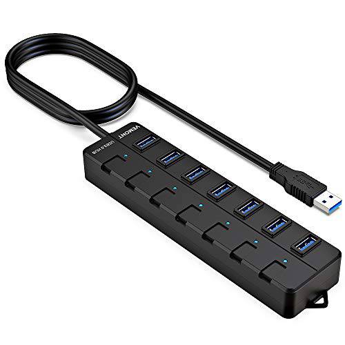 VEMONT USB 허브 3.0, 슈퍼 스피드 7-Port USB Data 허브 with 개별 On/ 오프 Switches and 파워 LED, with 4ft/ 1.2m 롱 케이블 USB 연장 for 맥Book, 맥 Pro/ 미니 and More